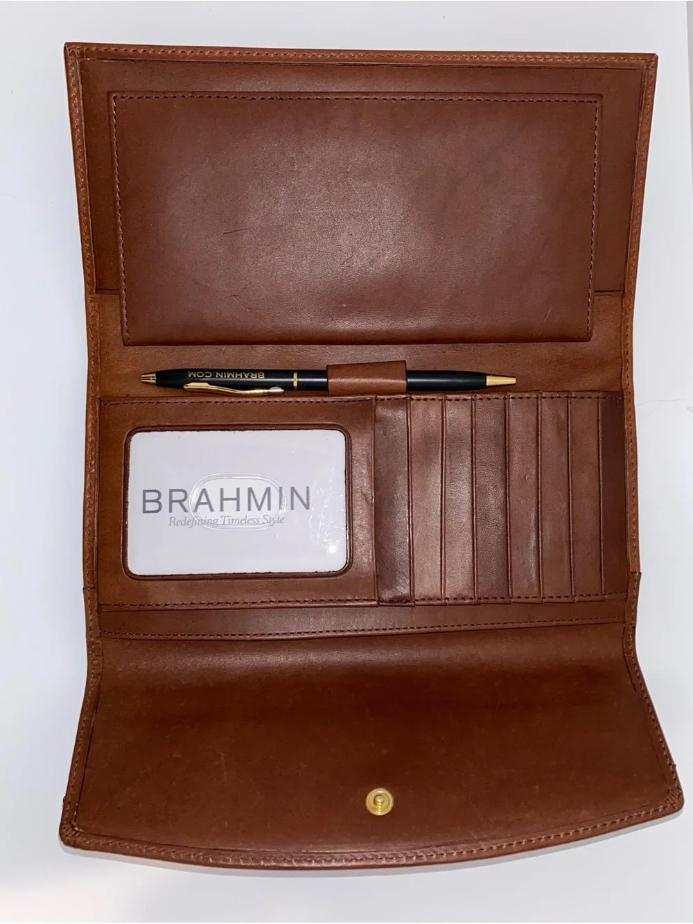 NWT Brahmin Cognac Brown Leather Foldover Wallet with Gold Accent Plaque